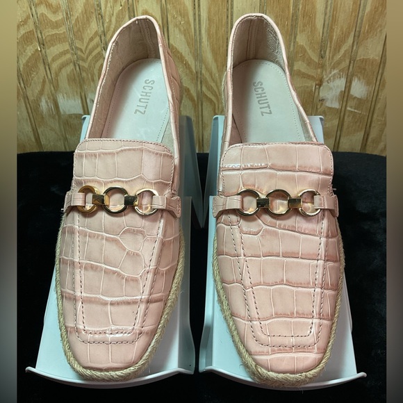 SCHUTZ Shoes - SCHUTZ Blush Croc-Patterned Loafers with Gold Accent